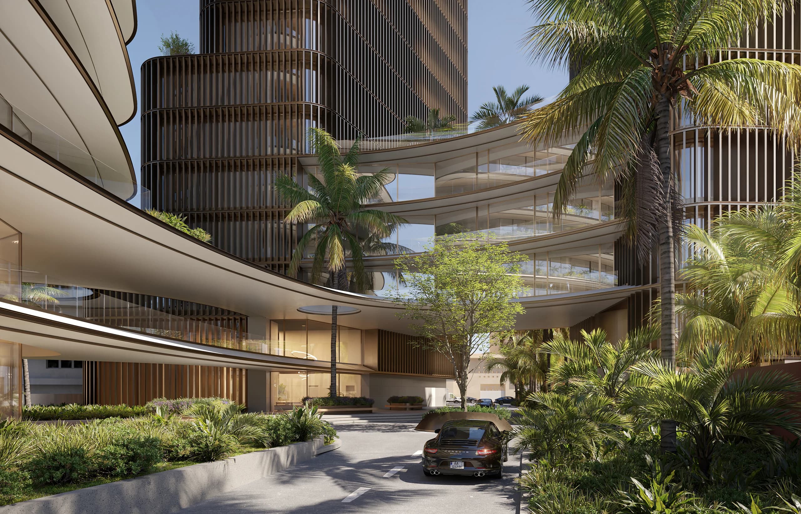Curved residential towers wrapped in palms